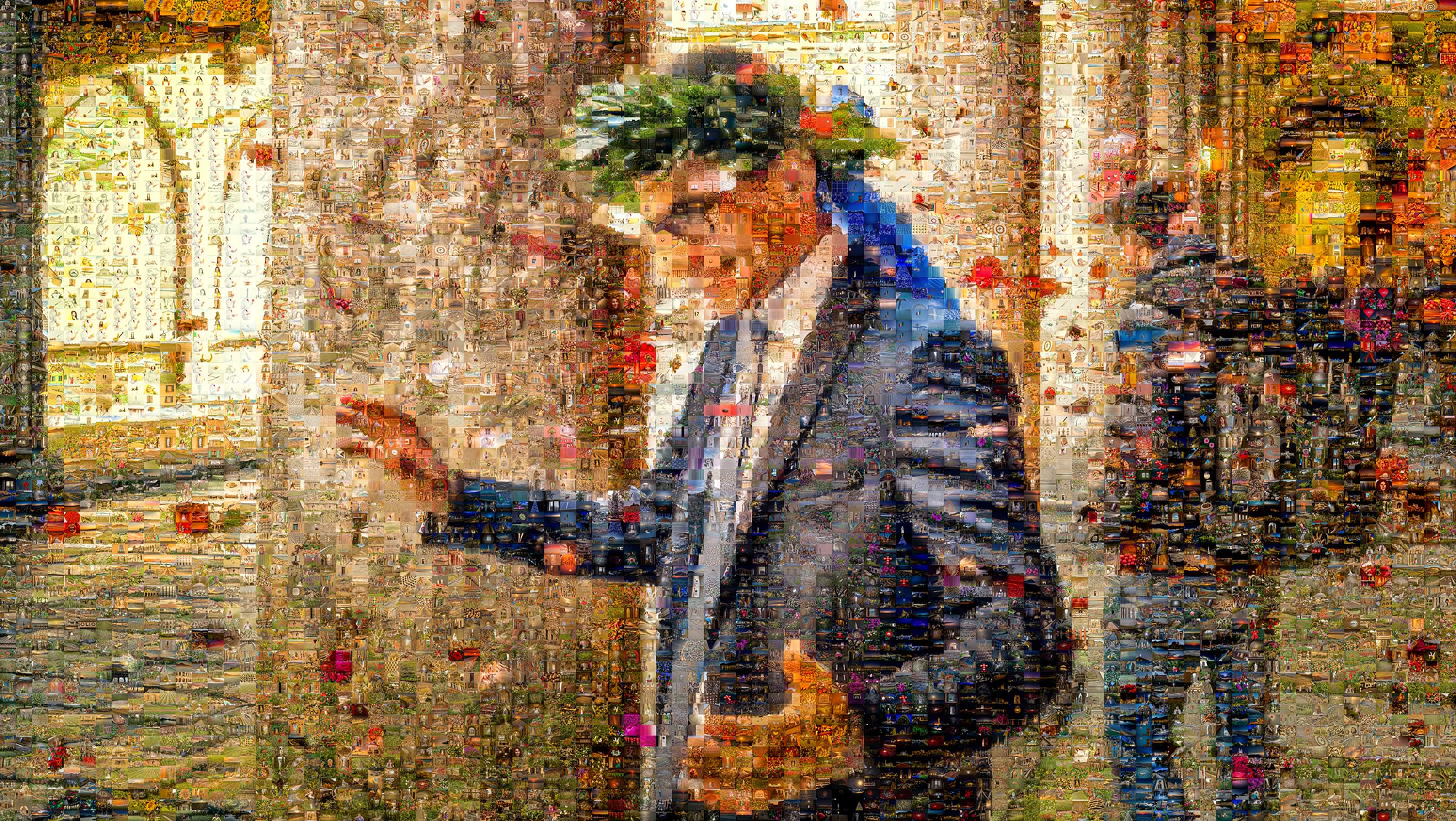 Photographic mosaic artwork showing a graduate with falling celebration confetti in an architectural setting