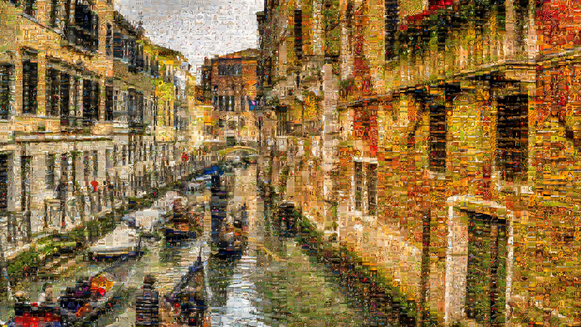 Photographic mosaic of Venice canal view with historic buildings reflecting in water