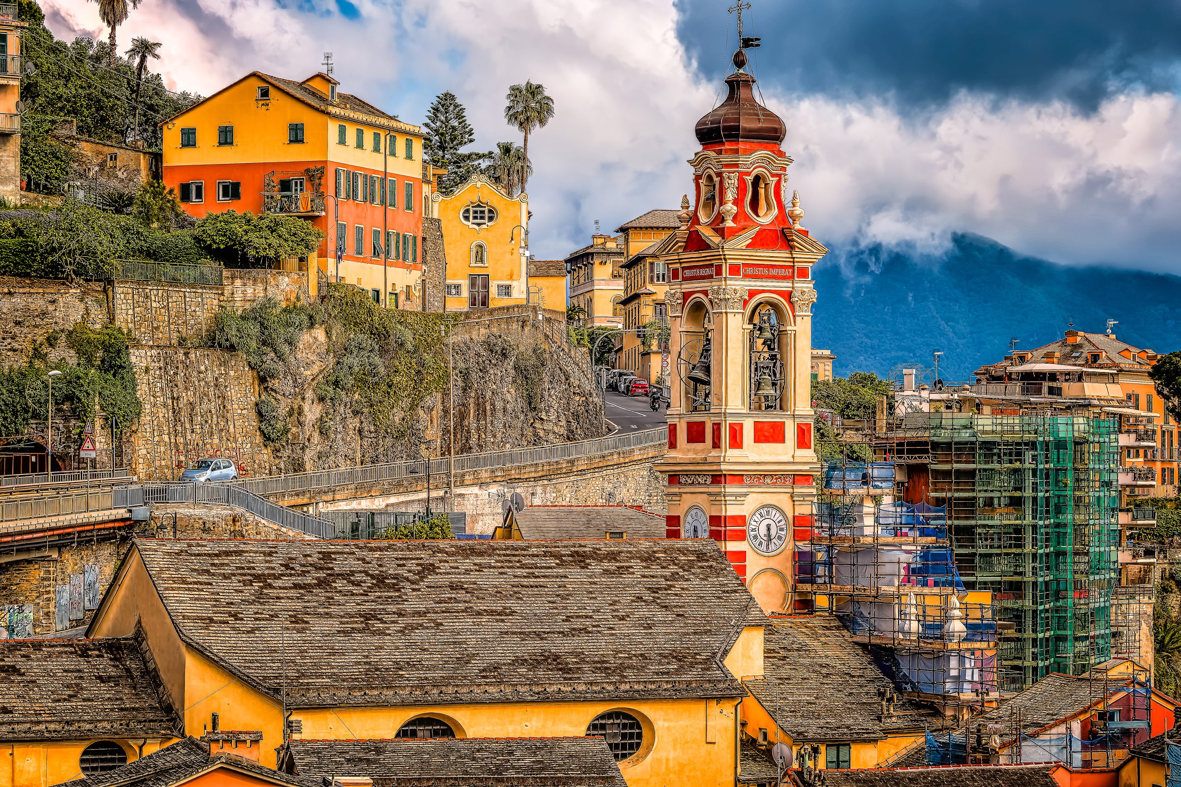Camogli Bell Tower - Cliffside church rising above ancient Ligurian rooftops