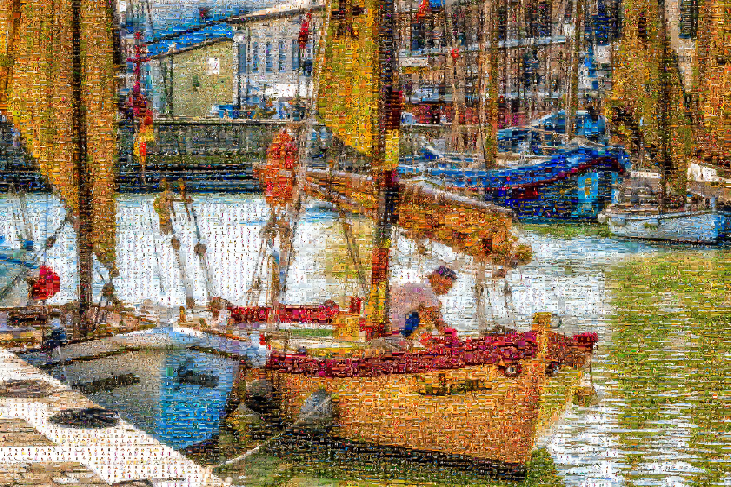 Photographic mosaic of Cesenatico boat craftsmen composed of 12,071 individual Italian photographs documenting maritime heritage
