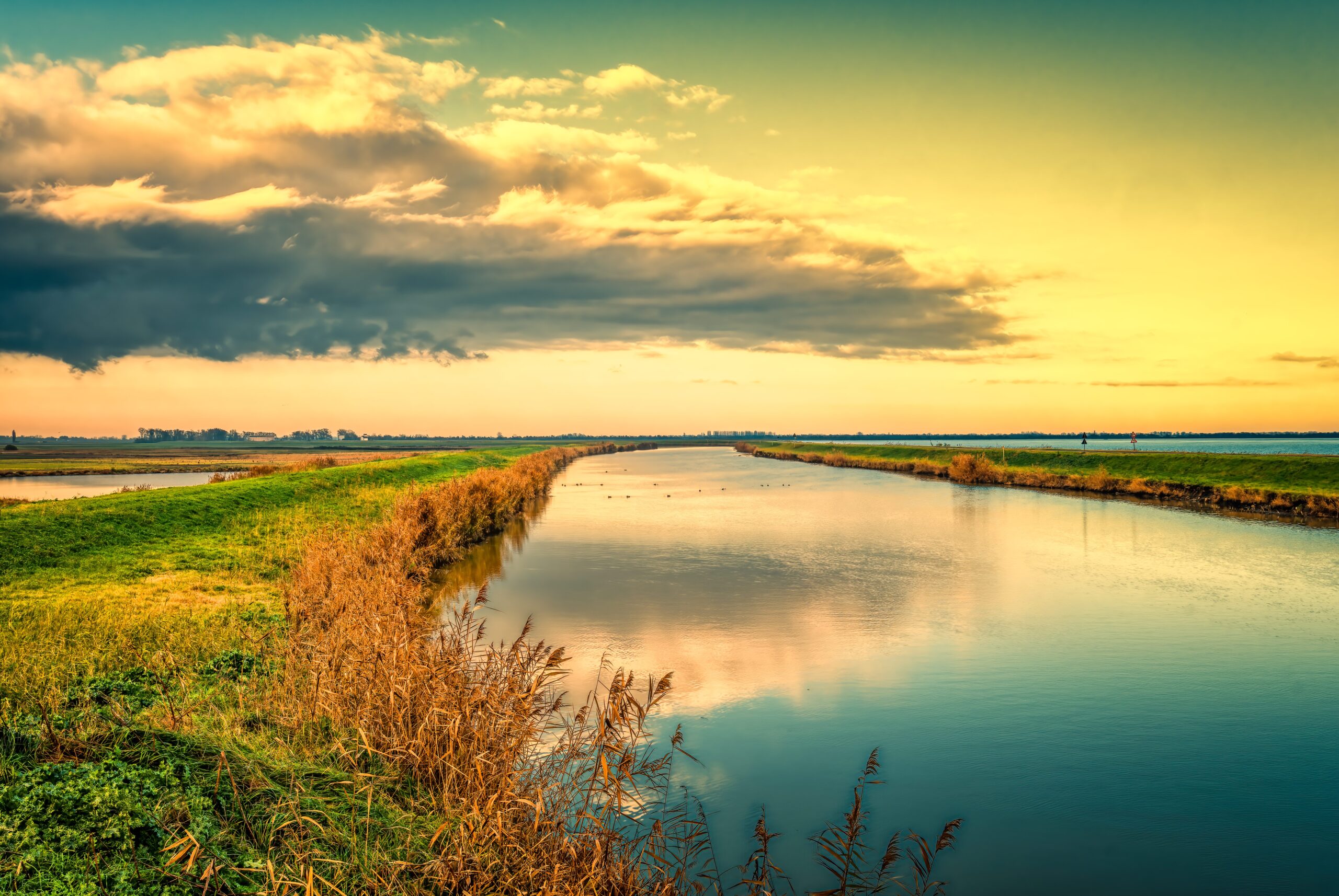 Sunset Magic: Driving Through the Valli di Comacchio Wetlands 4 Endless wetlands stretching to horizon with perfect sky reflections