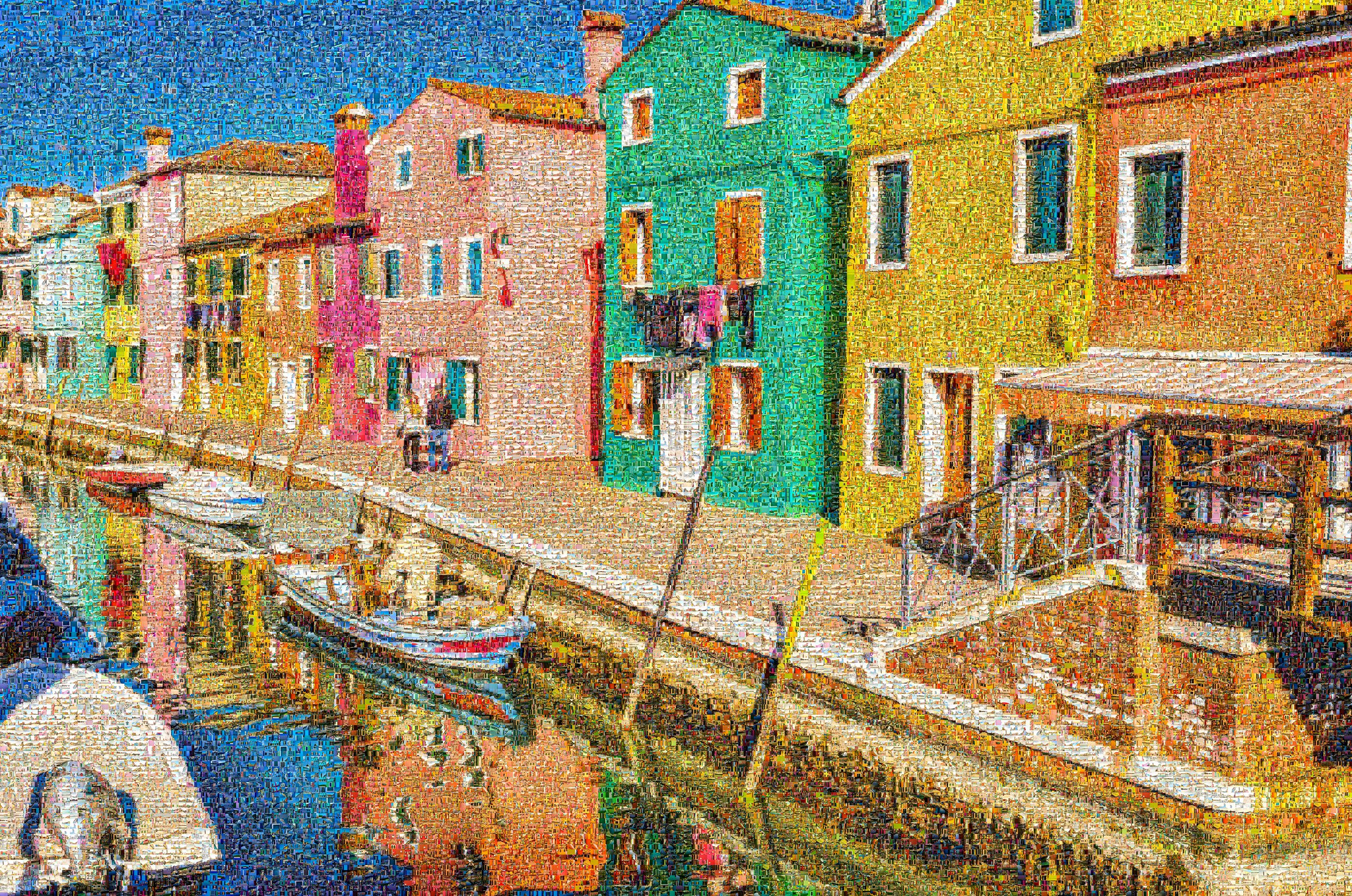 Reflections of Burano - A Photographic Mosaic showing colorful houses reflected in canal waters, composed of thousands of individual photographs