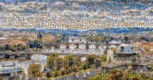 A striking mosaic of Prague’s iconic bridges over the Vltava, crafted from 3,038 tiles using 783 distinct photographs, with repetitions adding depth and texture. Ideal for commercial and business applications.
