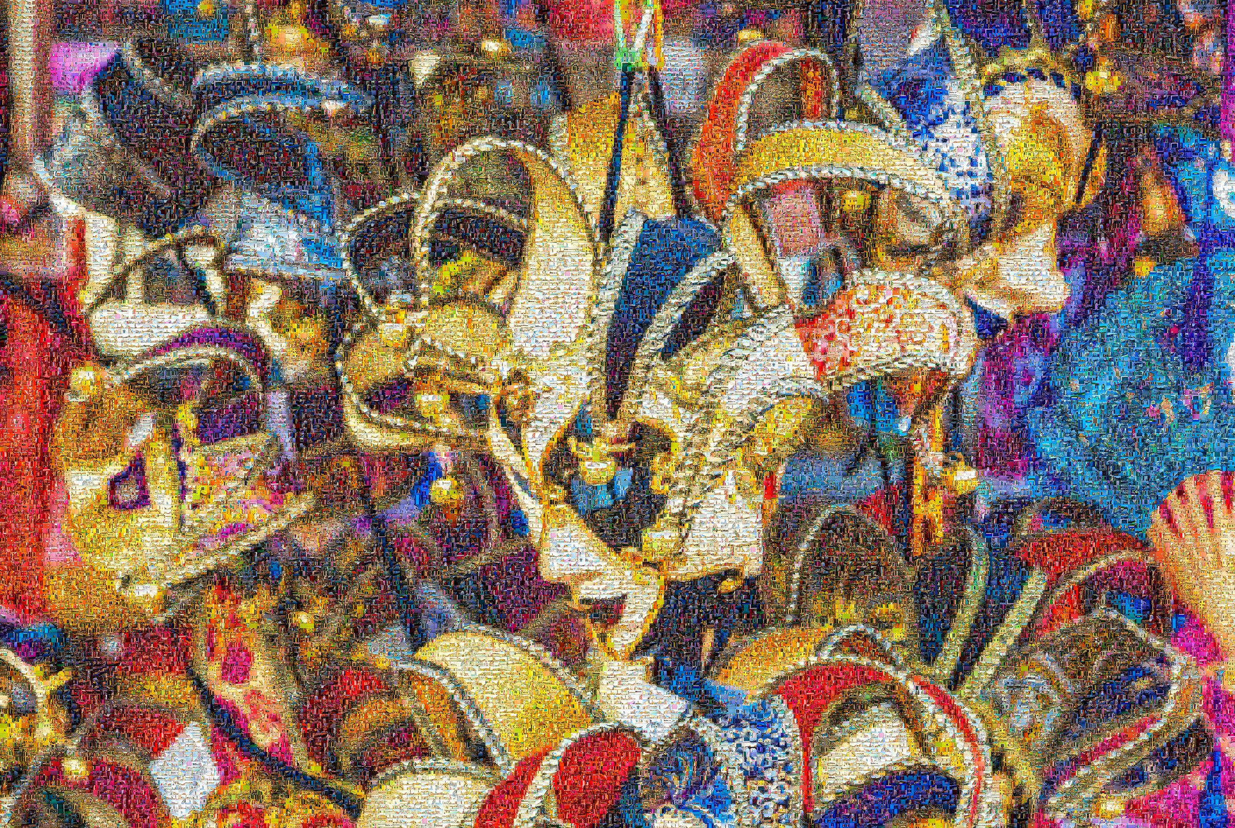Masquerade Montage - Burano's Carnival Essence photomosaic capturing the festive spirit of Venice through thousands of colorful tile photographs